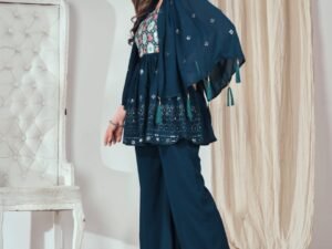 Women's Navy Blue Embellished Peplum Top and Palazzo/Sharara Set (Ethnic/Party Wear)