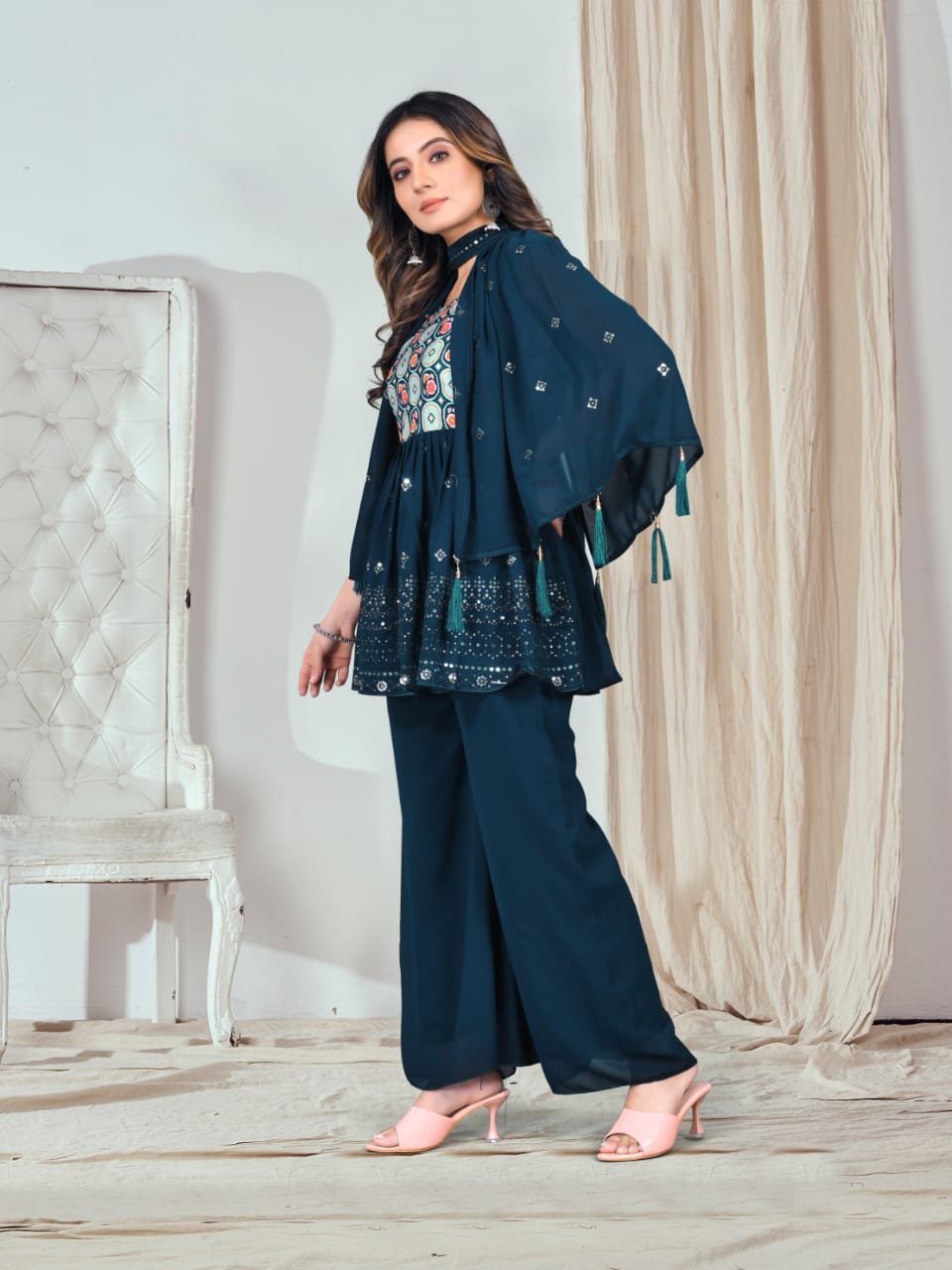 Women's Navy Blue Embellished Peplum Top and Palazzo/Sharara Set (Ethnic/Party Wear)