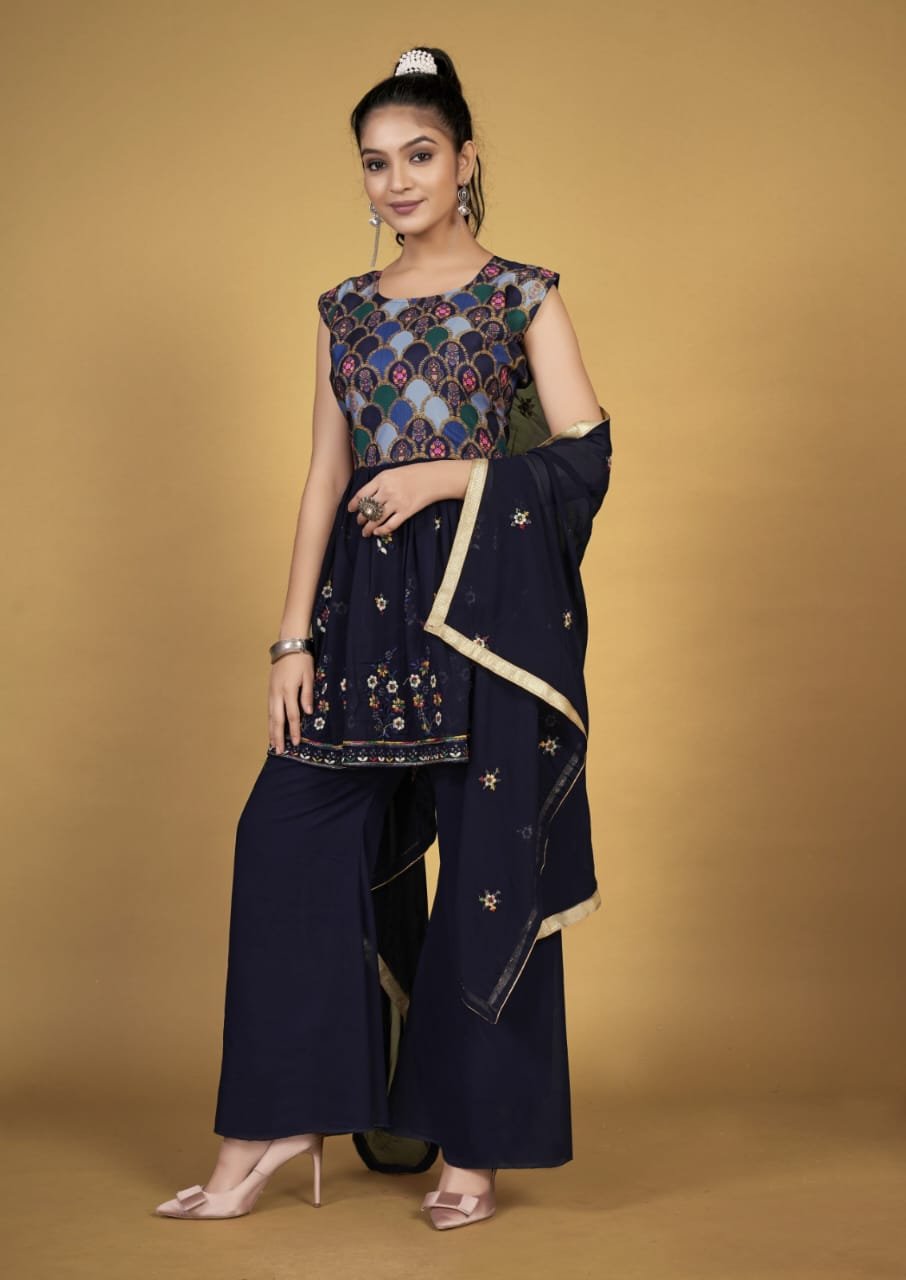 Women's Navy Blue Embellished Peplum Top and Palazzo/Sharara Set (Ethnic/Party Wear) - Image 2