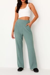 Sage Green Ribbed High-Waisted Wide-Leg Lounge Pants
