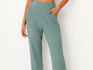 Sage Green Ribbed Wide-Leg Lounge Pants | High-Waisted Fit
